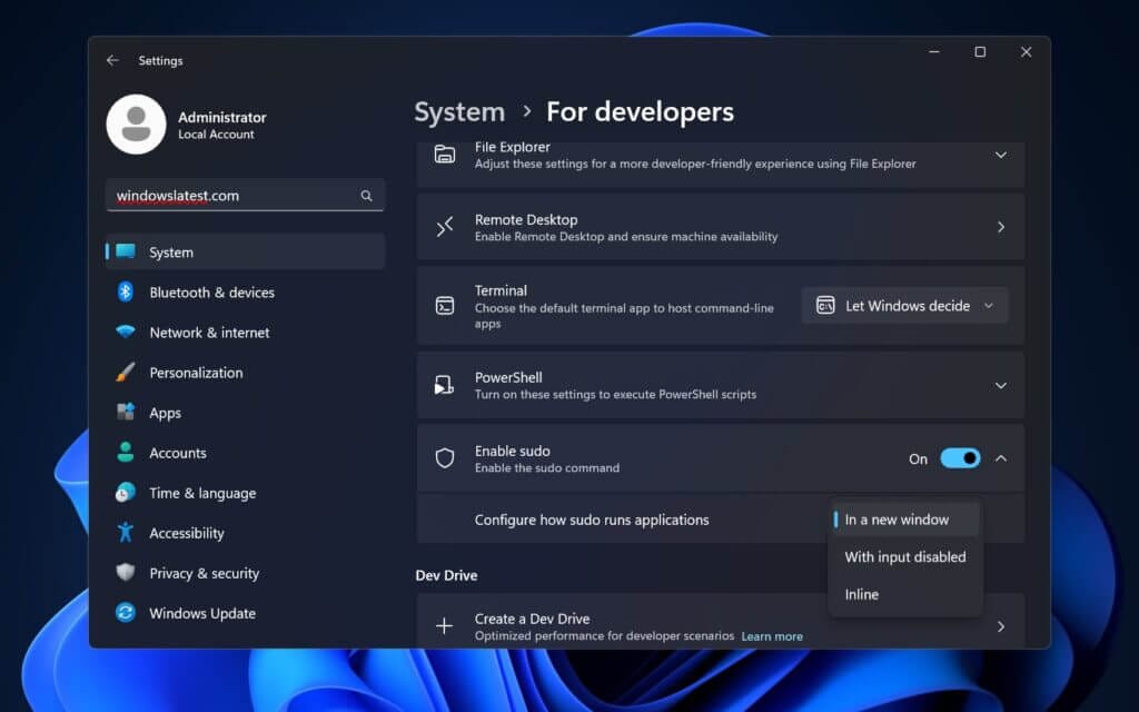 a screenshot of the sudo settings on windows