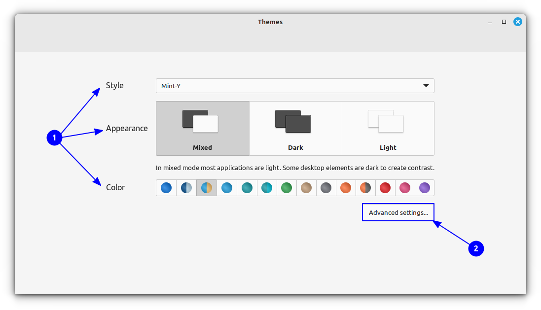 Simplistic Theme Settings on Cinnamon Themes Application. You can click on “Advanced Settings” to access detailed theme settings.