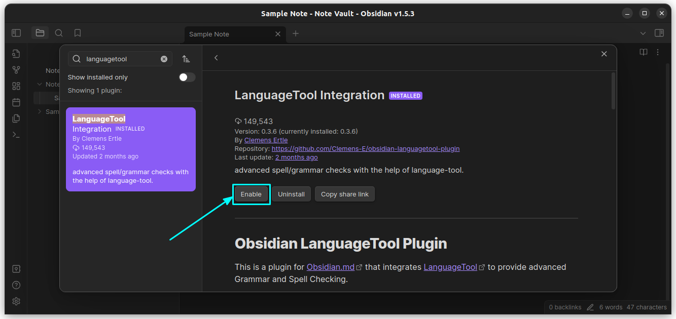 Enable the LanguageTool Plugin from its page on Community Plugin browser.