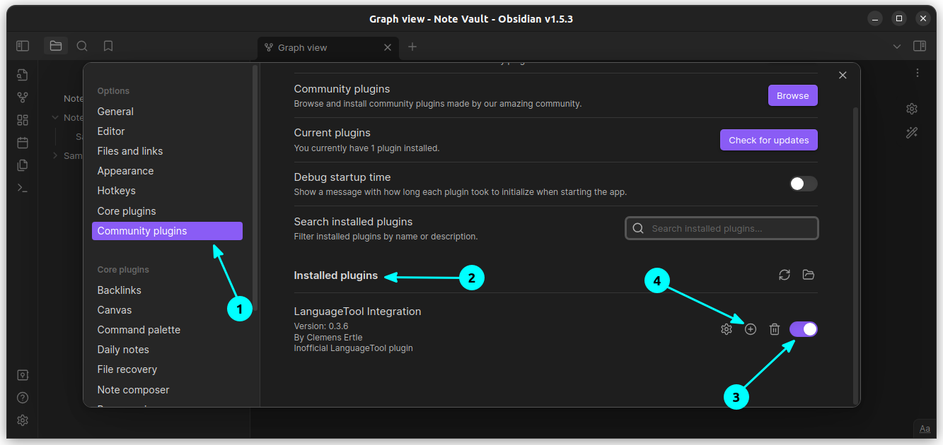 Enable the LanguageTool plugin from the community plugins settings page.