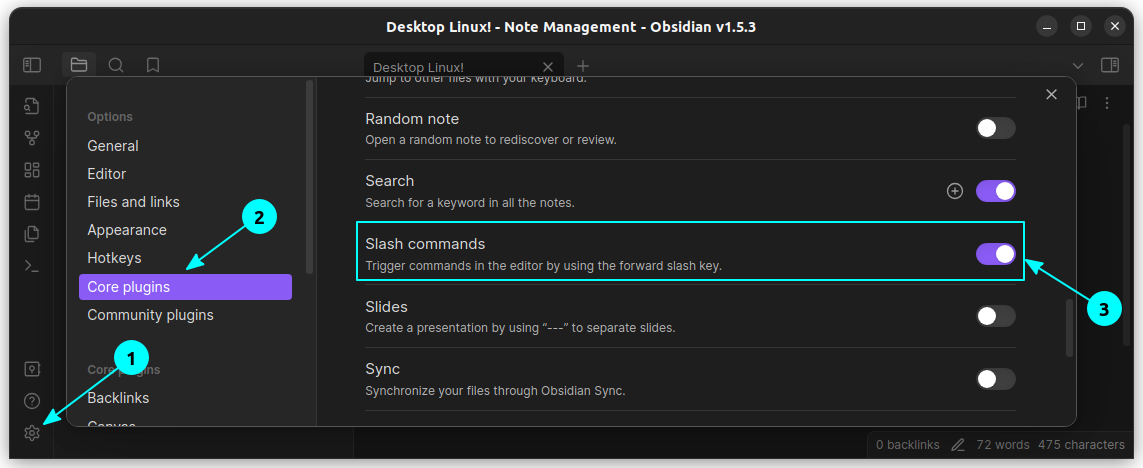 On the Core Plugins settings, enable the Slash Commands feature, which will allow you to get available markdown blocks during editing.