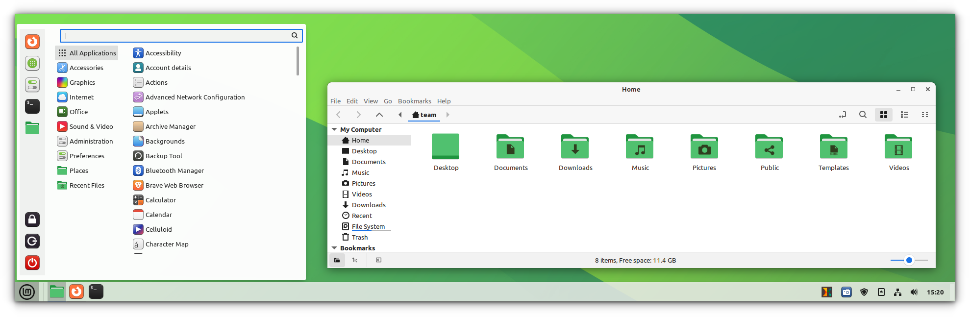 The Fluent Round Light theme is applied to the Cinnamon; both desktop and application themes.