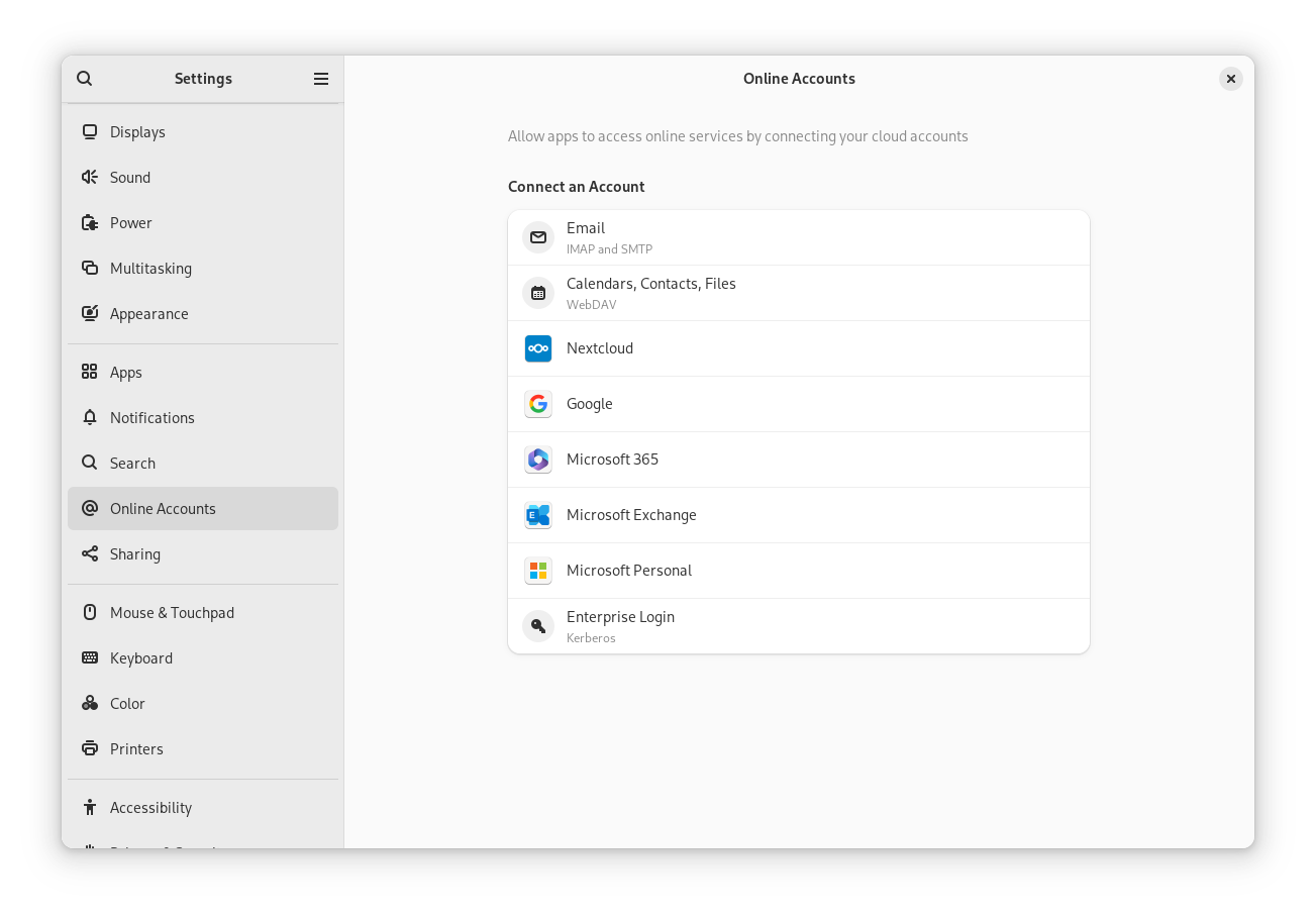 gnome 46 online accounts menu screenshot