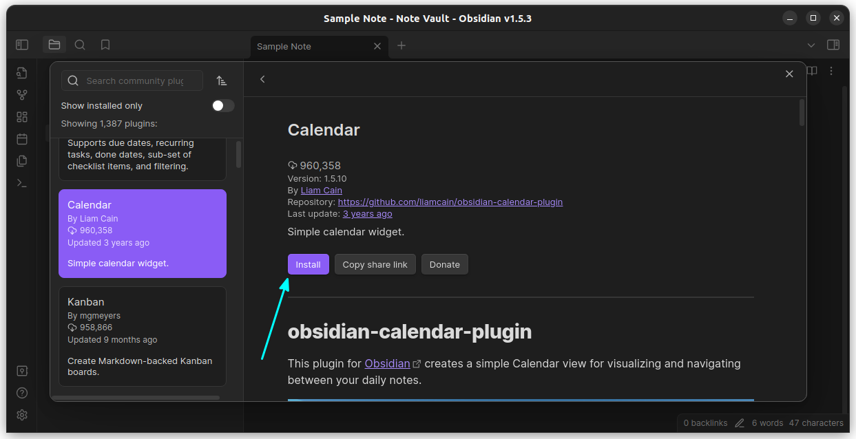 To install a community plugin, you can click on the install button on that plugin’s page in the Obsidian Community plugin browser window.