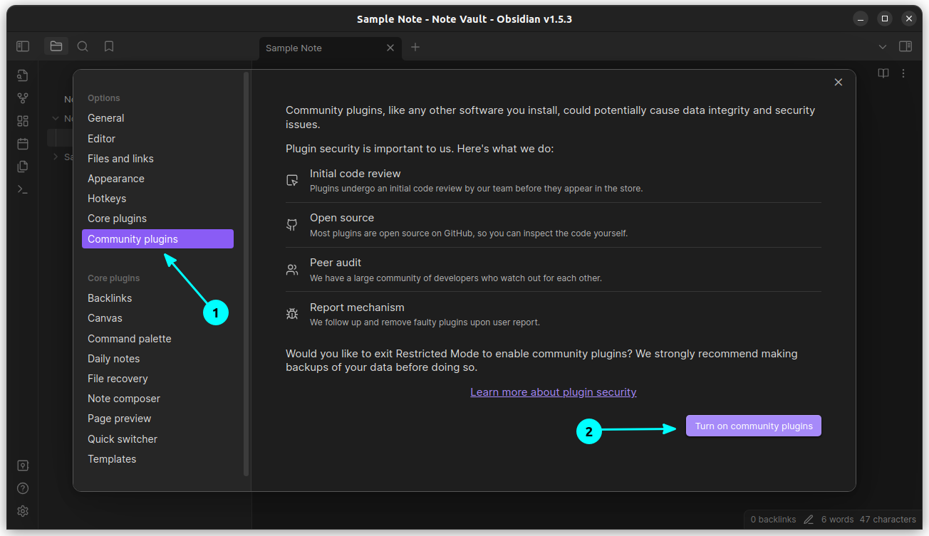 Click on the “Turn on Community Plugins” button to enable the third-party community plugin support in Obsidian.