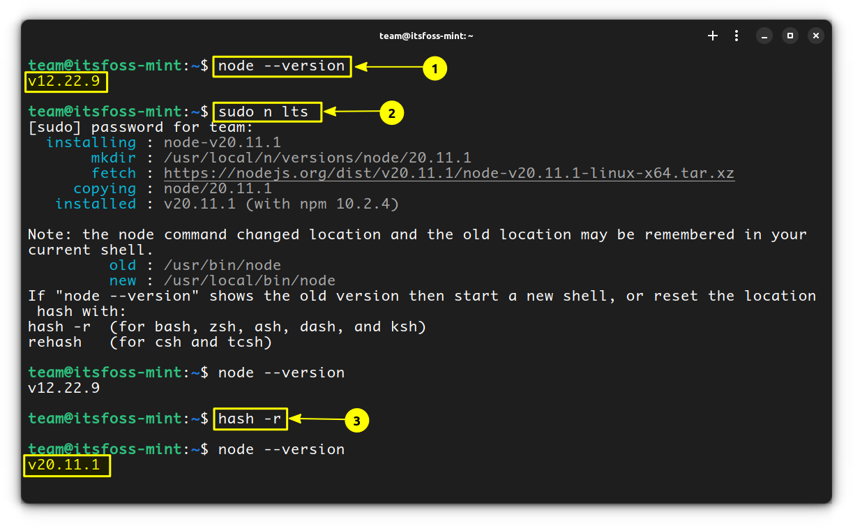 Update to the LTS version of Node.js using the n package.