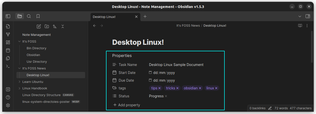 File Properties are added to Obsidian Notes
