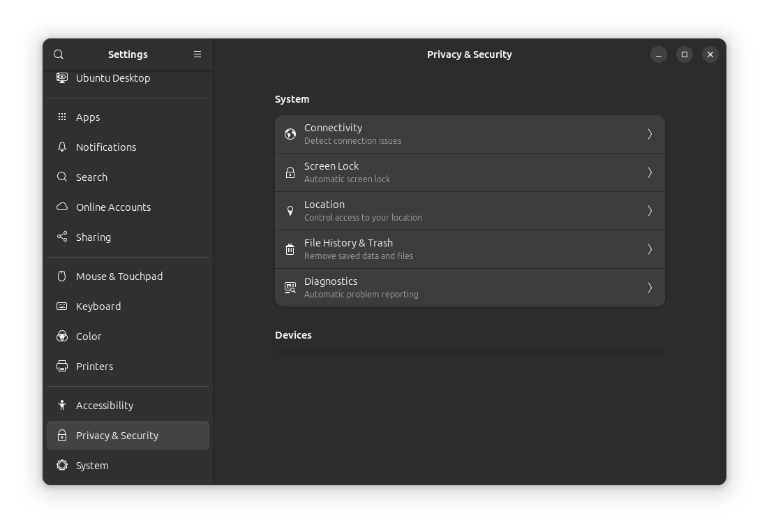 ubuntu 24.04 settings menu layout
