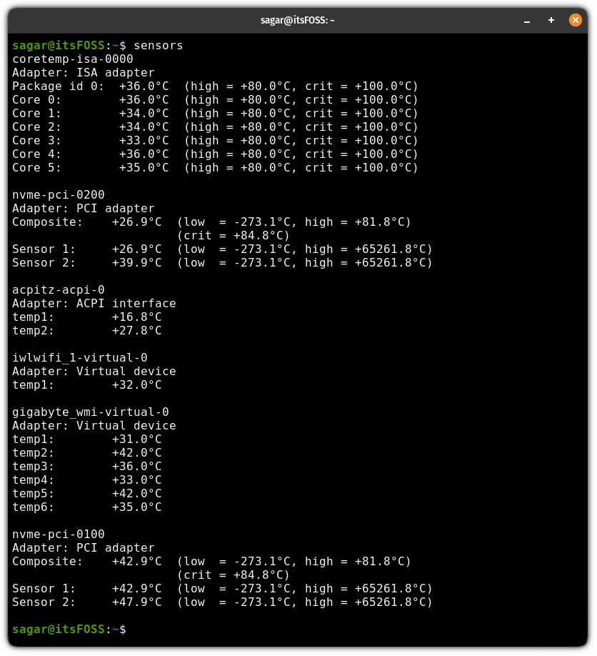 Check the CPU temprature using the sensors command in LInux