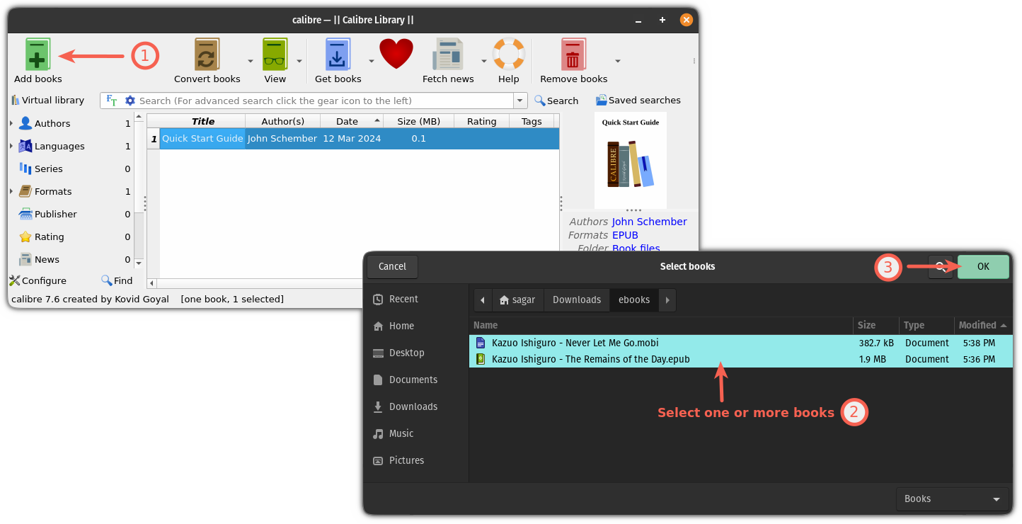 Choose books to add in Calibre