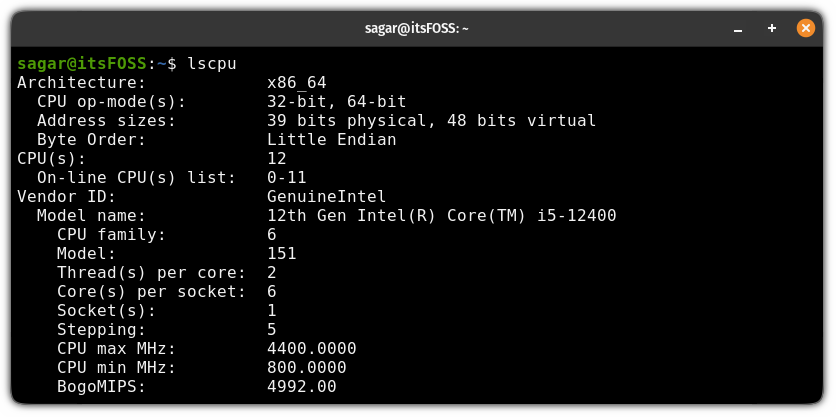 Get CPU details using the lscpu command