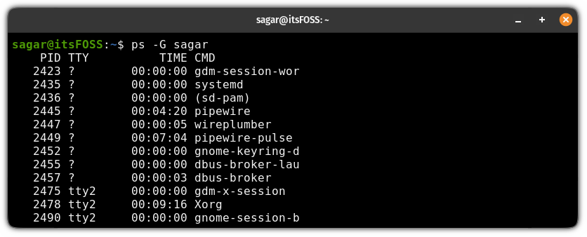 List processes owned by a specific group using the ps command