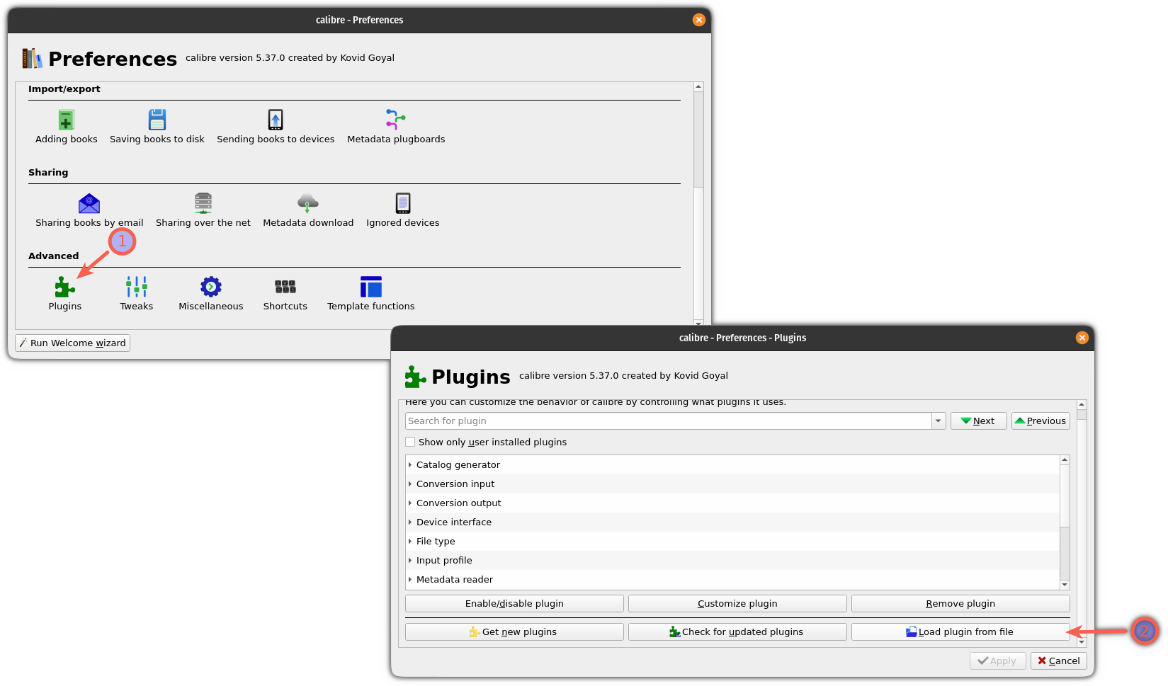 Open preferences in calibre to add external plugins