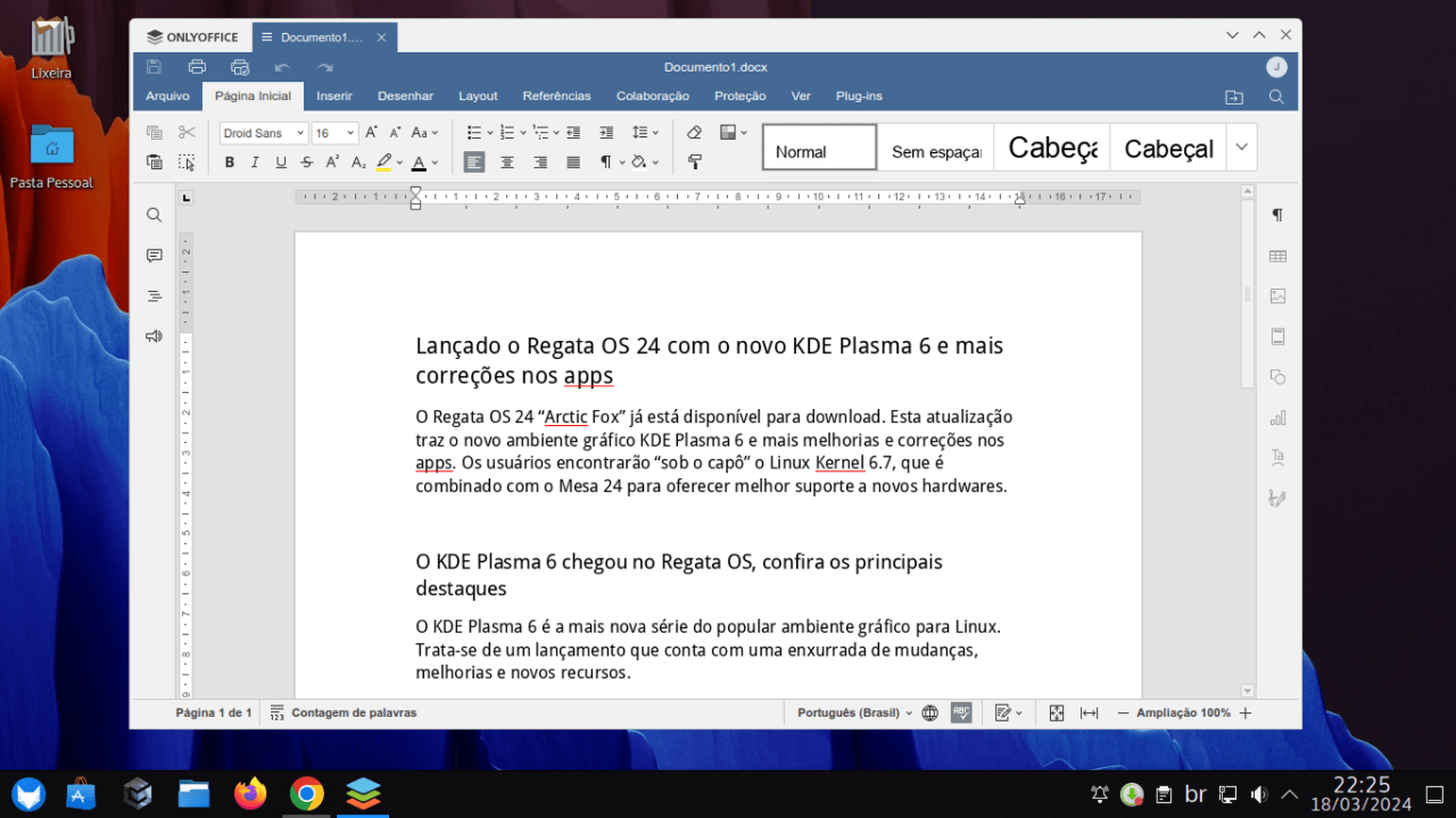 a screenshot of regato os 24 running onlyoffice