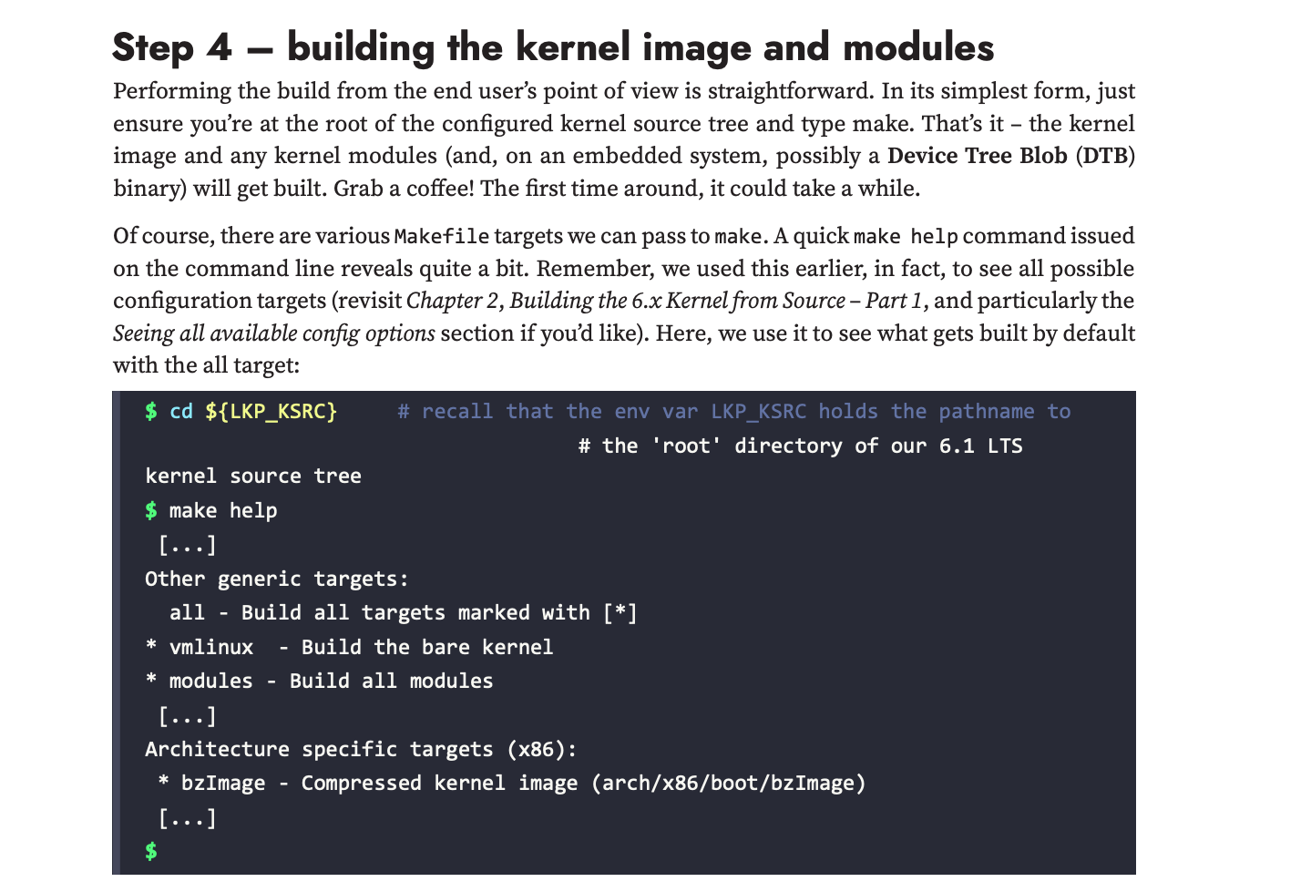 A section from the book that takes you through compiling the Linux kernel and modules
