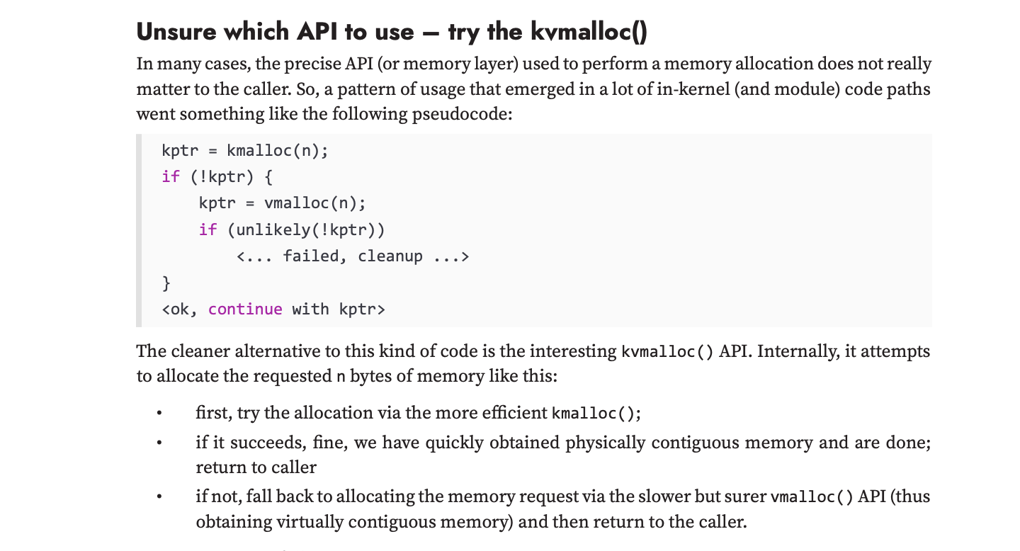 The author clarifies on which memory allocation API of the Linux kernel to use.