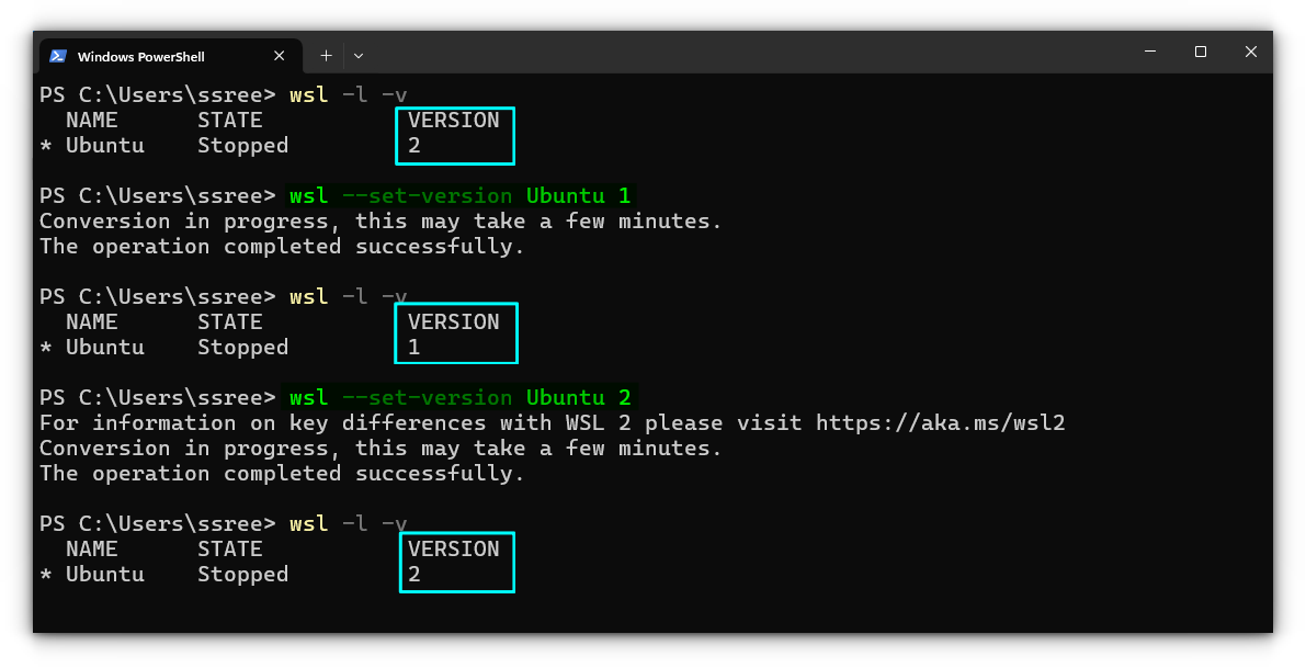 Changing WSL version to One and Two