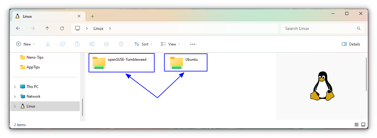 Double click on any of the folders to open the root directory of that WSL distribution. 