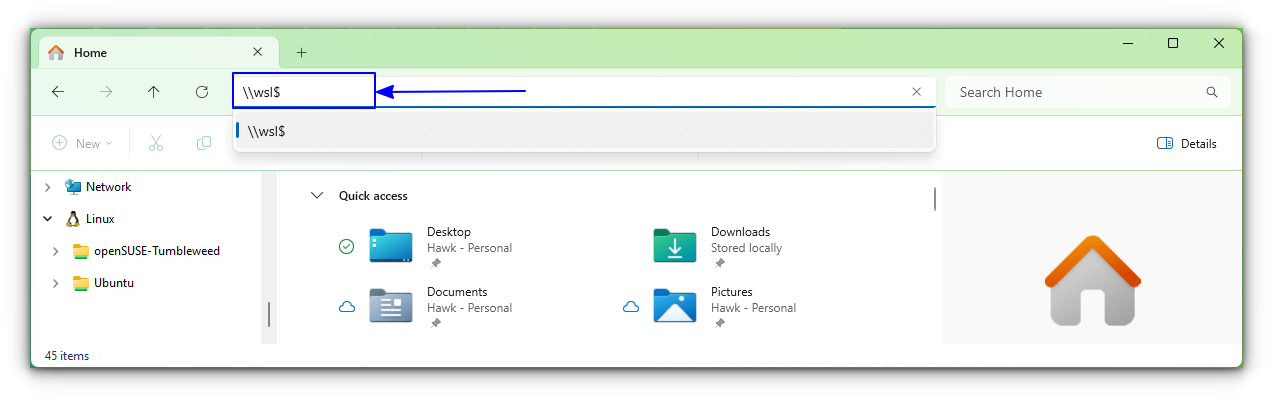 Enter the WSL location in the address bar of Windows file explorer