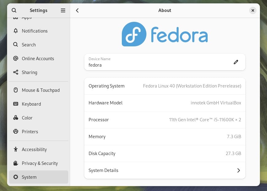 fedora 40 about screenshot