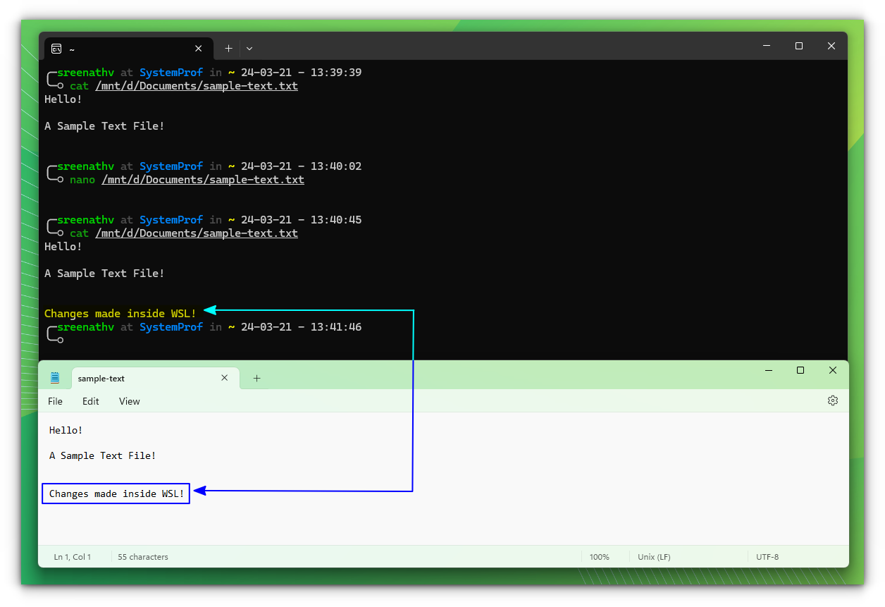 Files in Windows is edited using the nano editor inside the WSL distribution