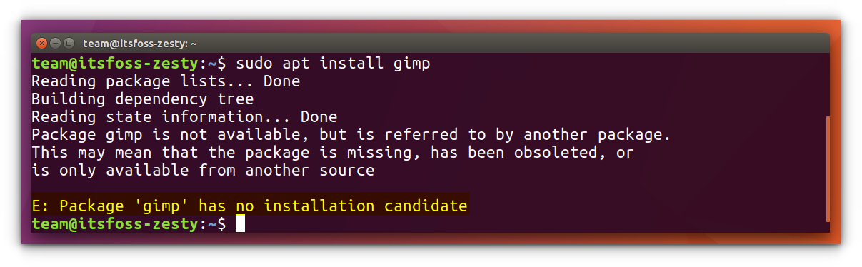The GIMP has no installation candidate error in Ubuntu 17.04 installation