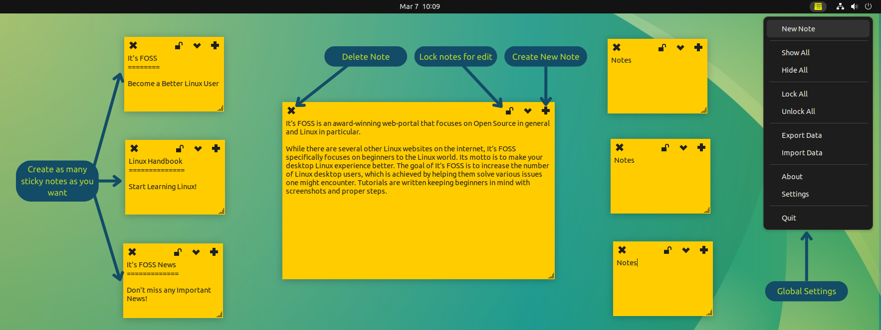 Indicator Sticky Notes with several notes placed on the desktop. This is an annotated image of the function of various buttons on a typical Indicator Stickynote. Also, access further settings by right-clicking on its tray icon.