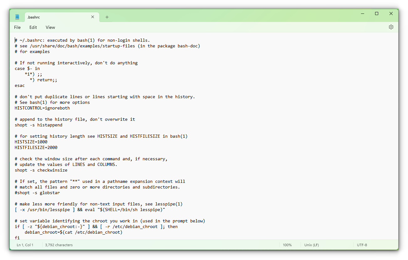 Open the bashrc file of the WSL distribution using Windows Notepad application