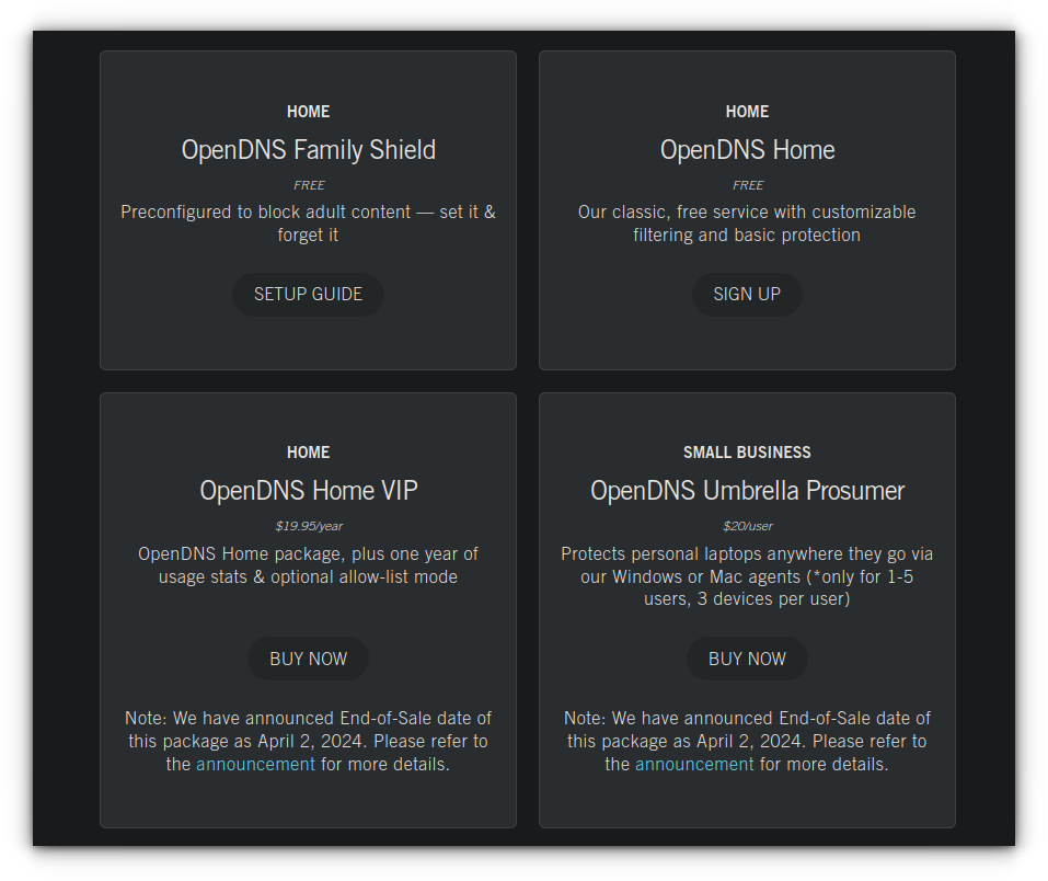 Various openDNS Plans listed on the official website