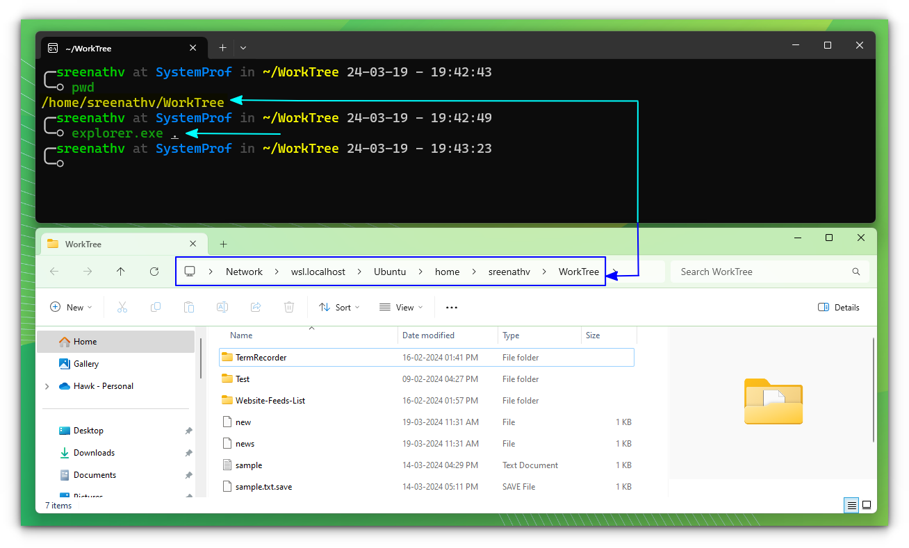 Opening the present directory you are visiting in a WSL distribution using the Windows file explorer.