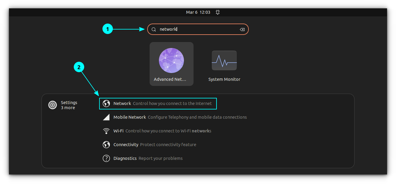 Select Network Settings from Ubuntu Activities Overview