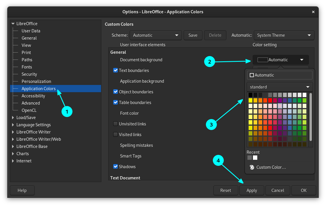 Set a custom colors for LibreOffice document areas