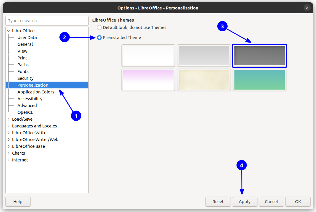 Set the LibreOffice theme to preinstalled grey
