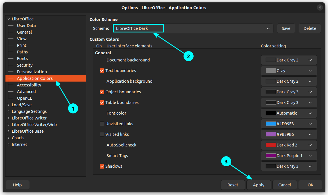 Set the application color scheme as LibreOffice Dark and click on Apply button