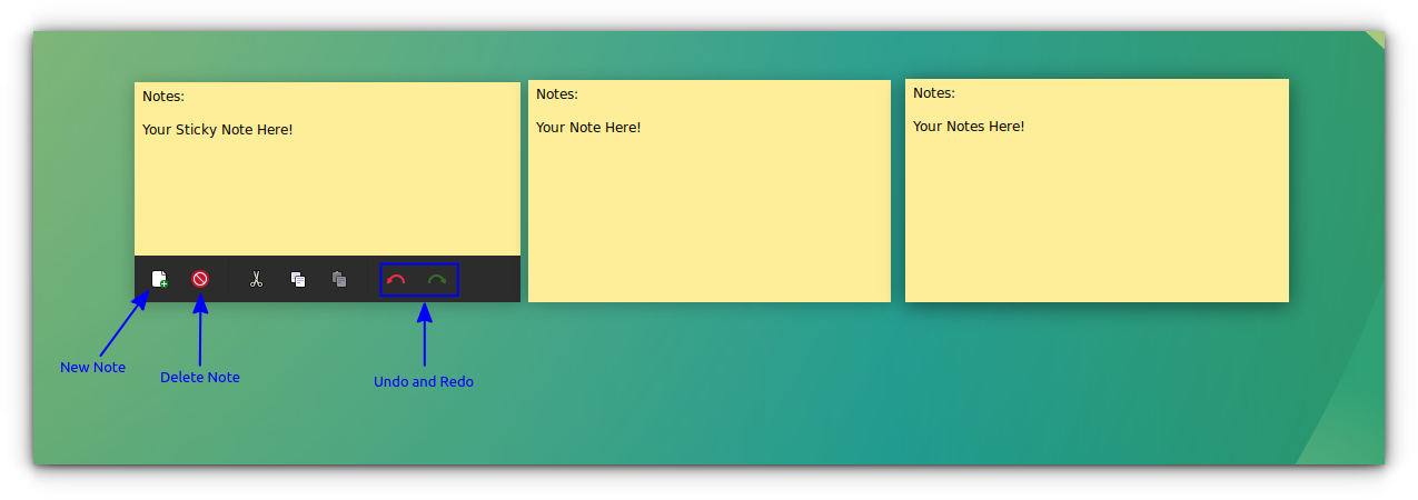 Xpad Sticky notes are displayed on the desktop. Also, the controls available on the bottom of each note is also annotated.