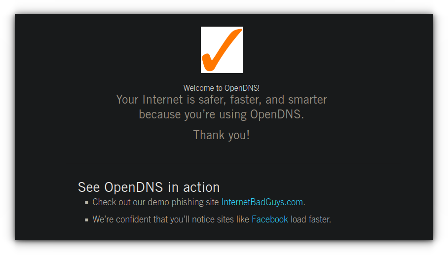 Successfully set up OpenDNS. This is shown when the link is visited.