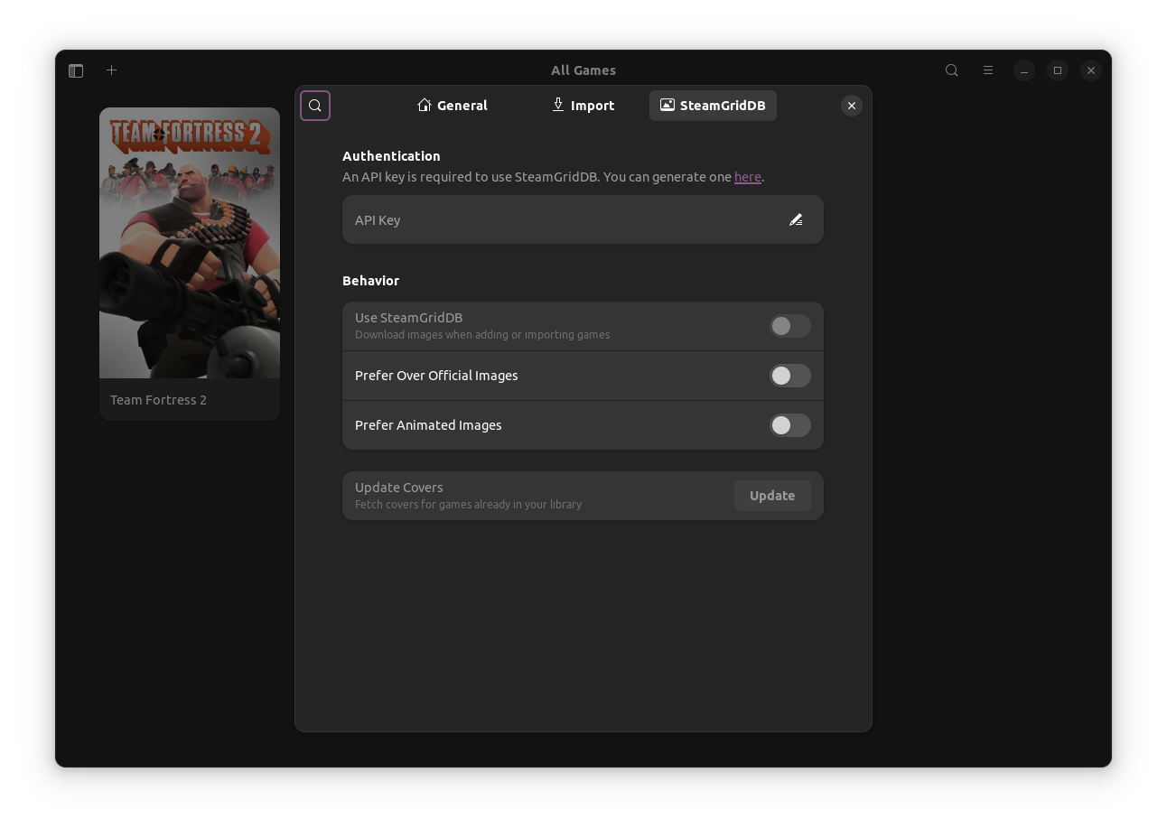 a screenshot of cartridges SteamGridDB setup menu
