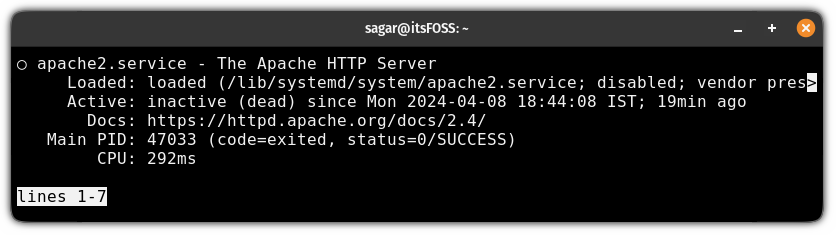 Check the status of a service using the systemctl command
