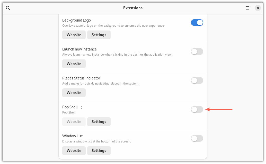 Enable Pop Shell extension in Fedora
