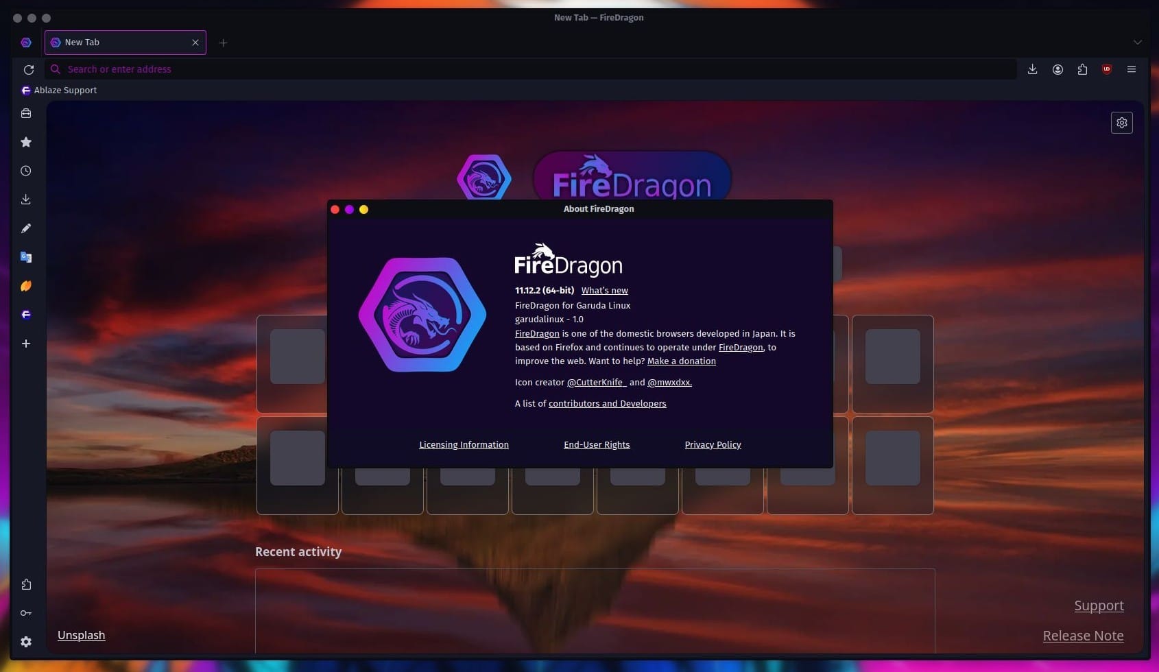 a screenshot of garuda linux birds of prey running firedragon which is now based on floorp browser