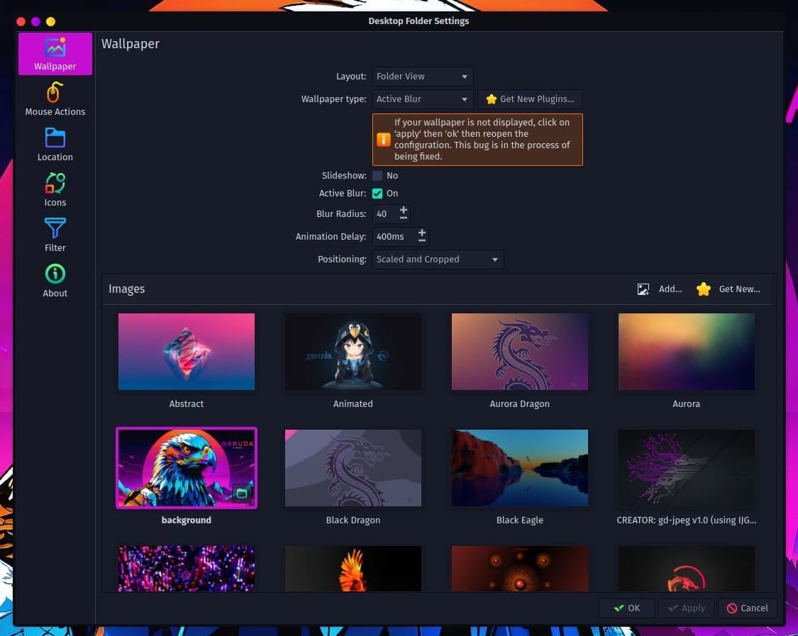a screenshot of garuda linux birds of prey wallpaper selection menu