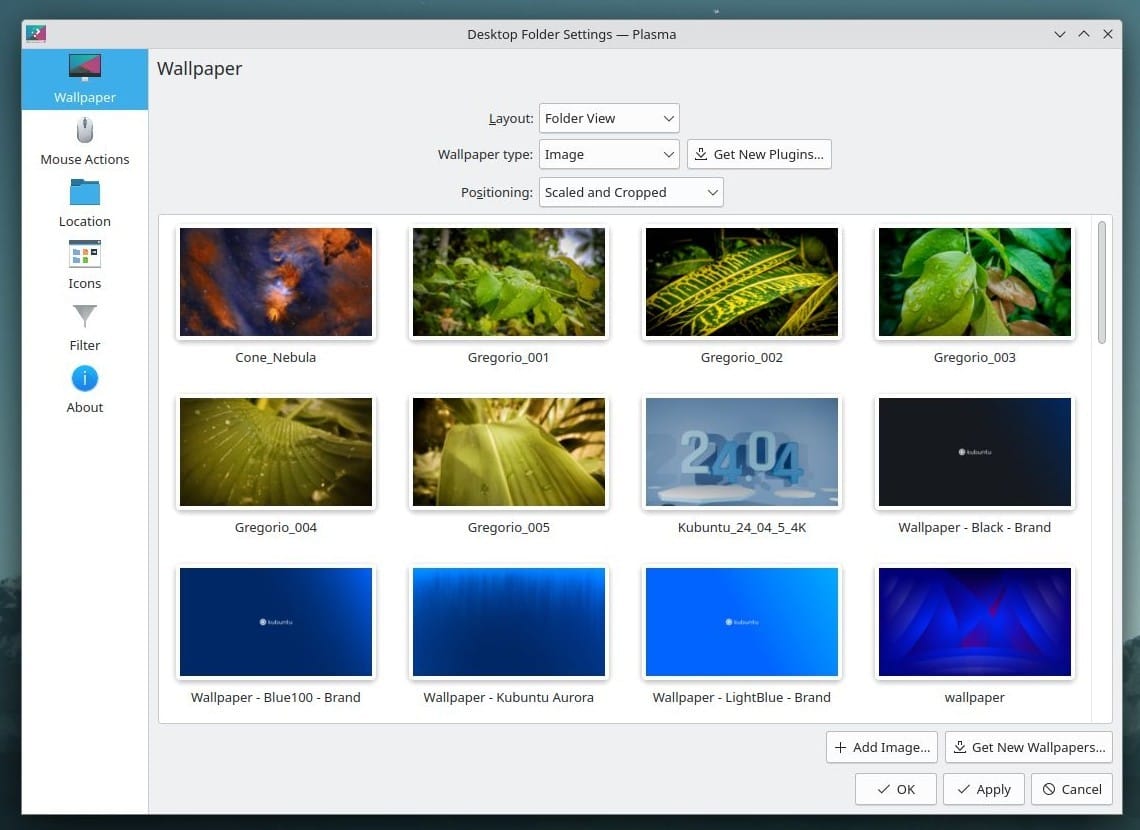 a screenshot of kubuntu 24.04 lts wallpaper menu