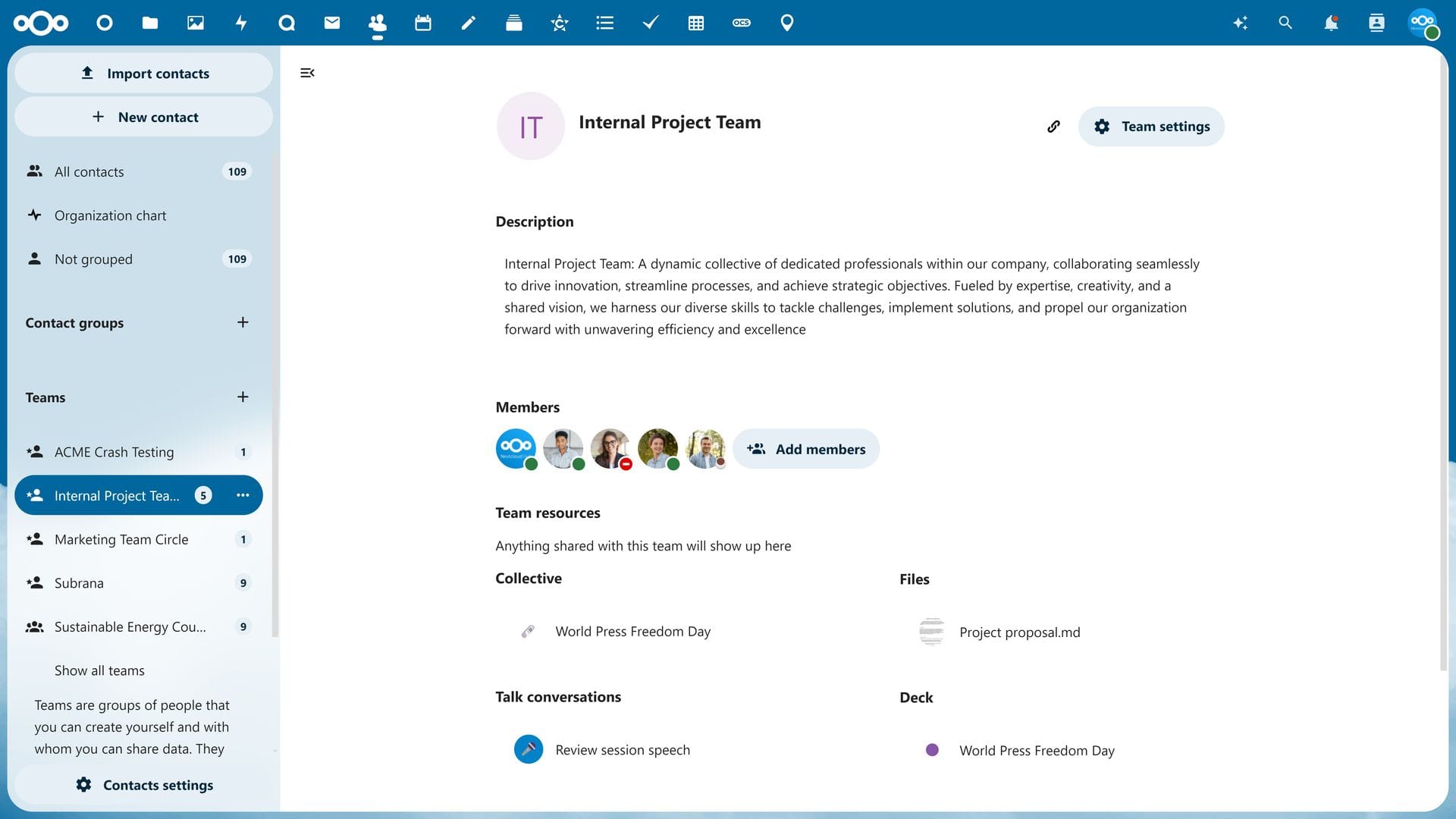 a screenshot of nextcloud hub 8 teams feature