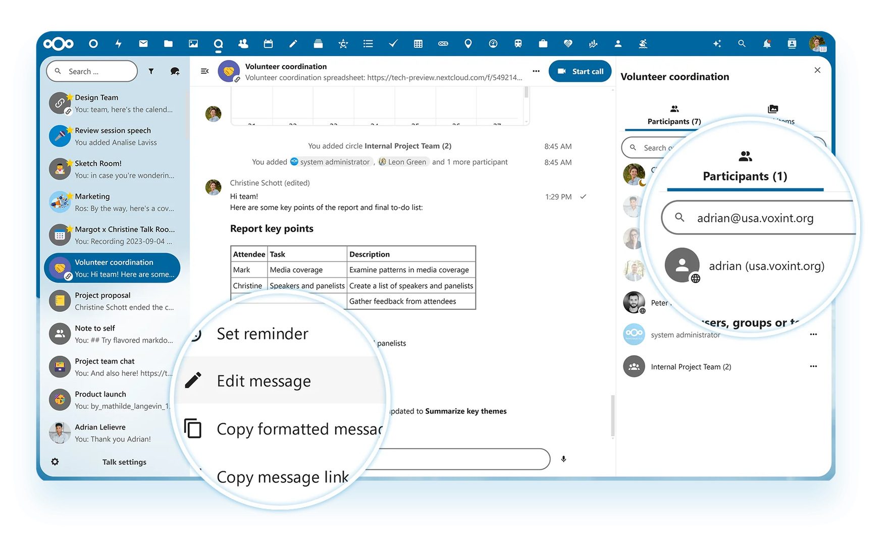 a screenshot of nextcloud hub 8 message editing feature with nextcloud talk