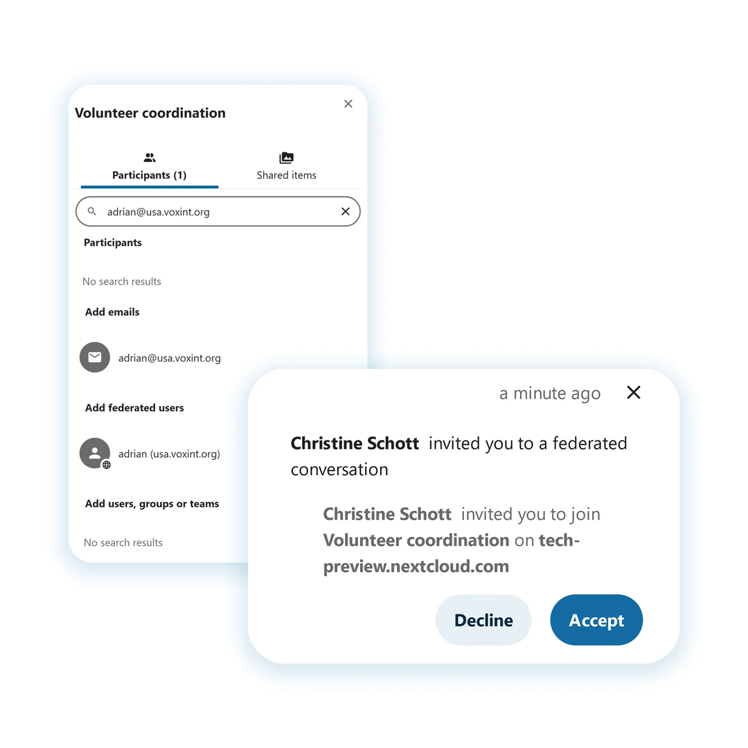 a screenshot of nextcloud hub 8 federated chatting with nextcloud talk