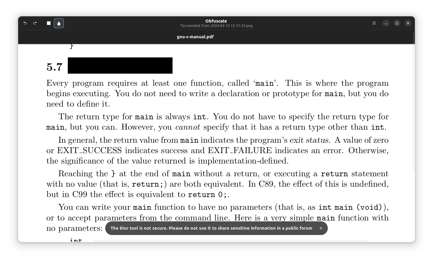 a screenshot of obfuscate blur redaction mode warning pop up