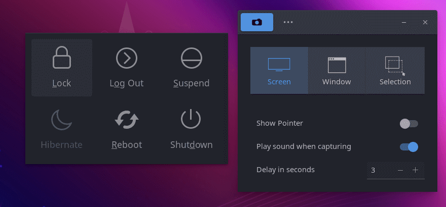 a screenshot of ubuntu budgie 24.04 lts power dialog and native screenshot tool