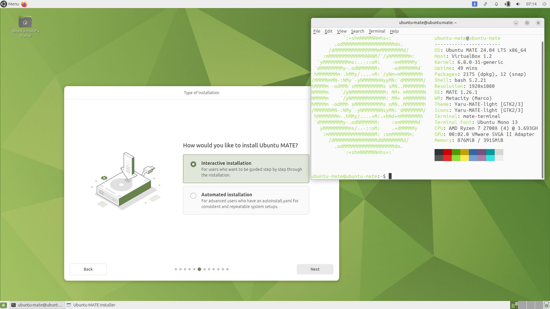 a screenshot of ubuntu mate 24.04 lts installer and neofetch output