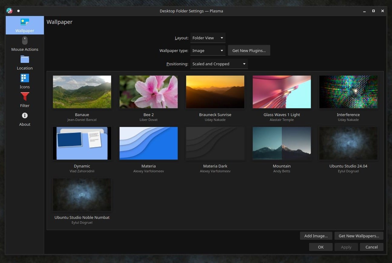 a screenshot of ubuntu studio 24.04 lts wallpaper menu with the new wallpapers