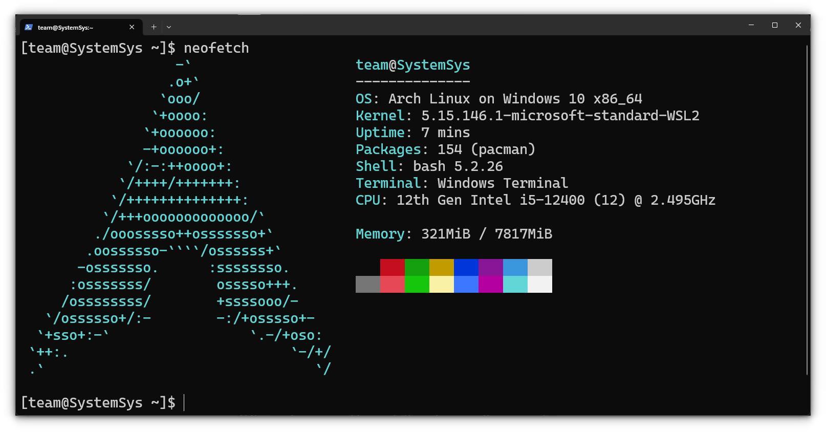 Neofetch output for Arch Linux running in WSL